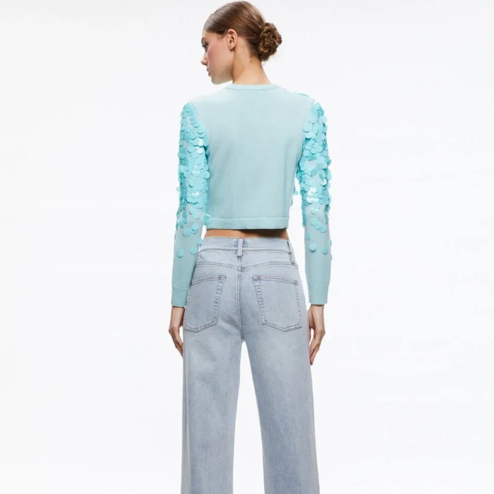 Alice + Olivia DELFINA CROPPED PAILLETTE PULLOVER S